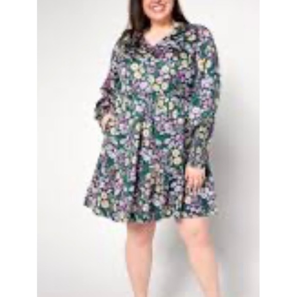 AnyBody Dresses & Skirts - AnyBody Womens LP Black Floral Modal Tiered Long Sleeve V-Neck Dress Pockets